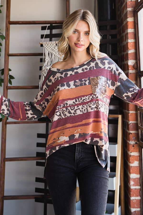 SBB9961 ANIMAL PRINT SEQUIN POCKET TOP