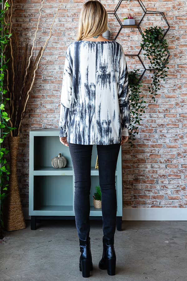 SBB9963 Black & White Tie-Dye Oversized V-Neck Top