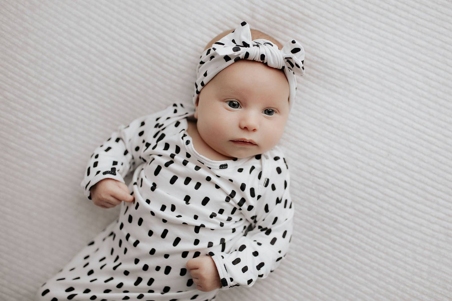 Black & White Poka Dot Knotted Infant Gown: Gown & Bow