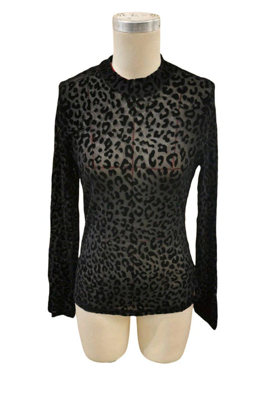 SB343 Leopard Print Sheer Mesh Mock Neck Top