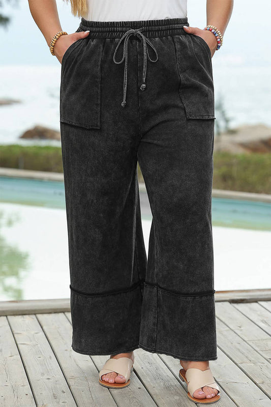 SB344 Plus Size Mineral Wash Wide Leg Cropped Pants