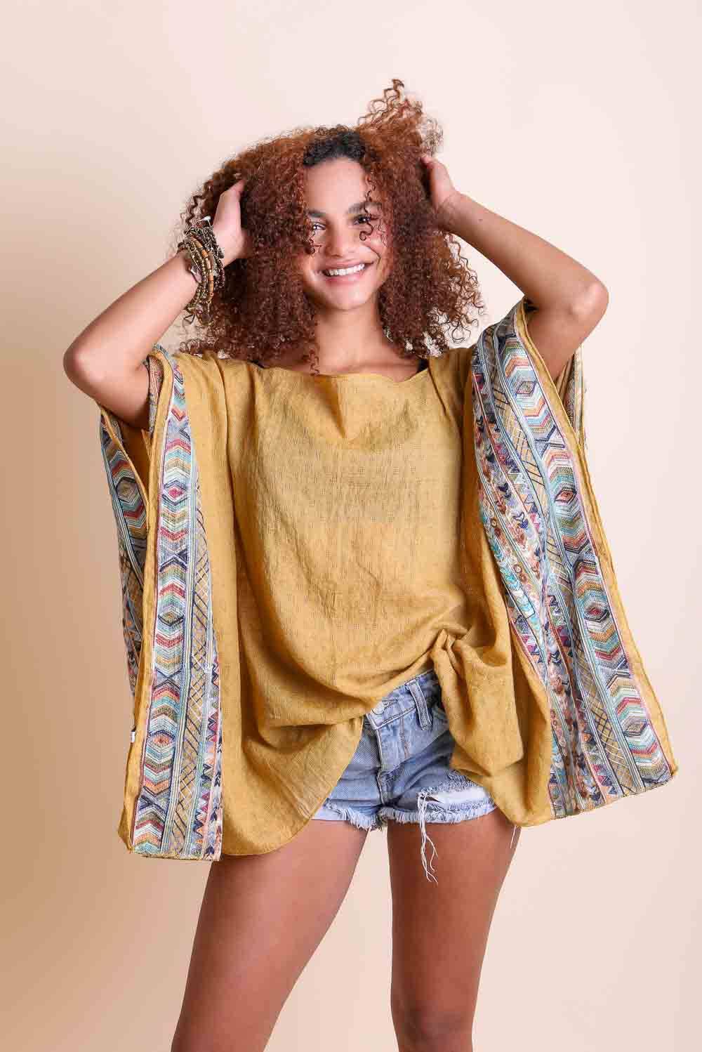 Geometric Embroidered Sleeve Poncho