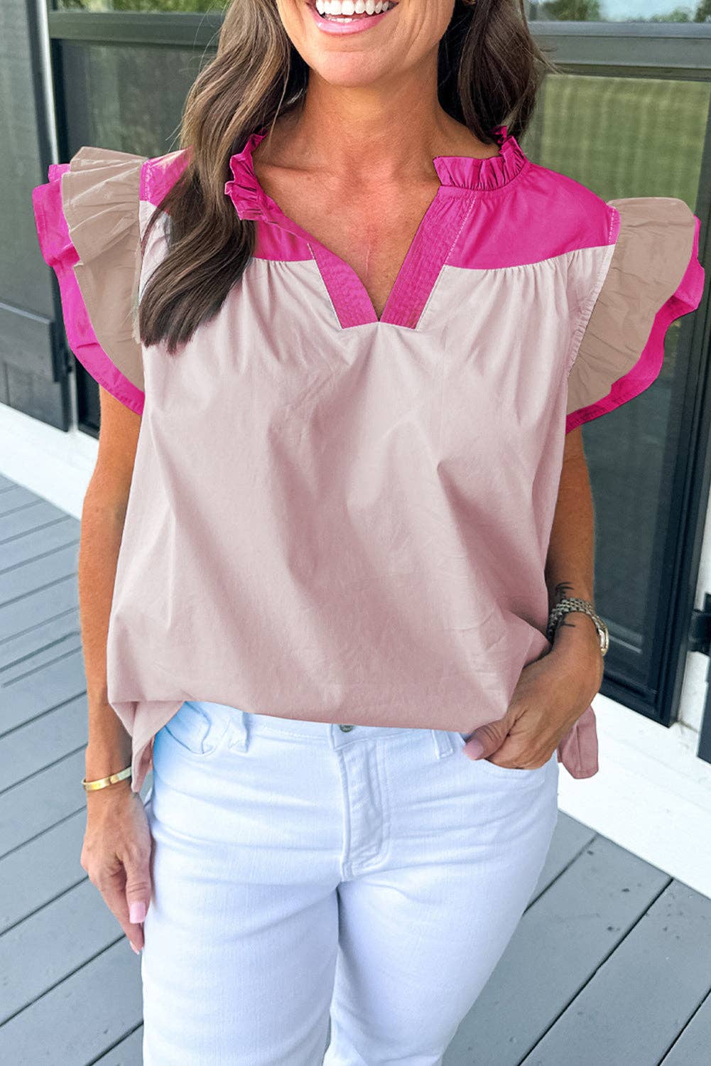SB53 Colorblock Frilled Blouse