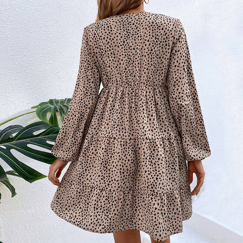 SB146 Pleated Leopard Print Long Sleeve Short Dress