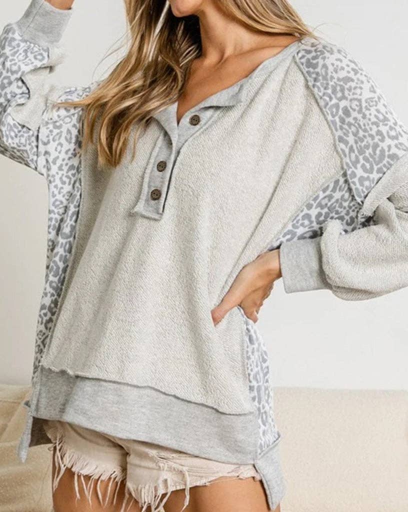 SB151 Leopard Patchwork Exposed Seam Sweatshirt