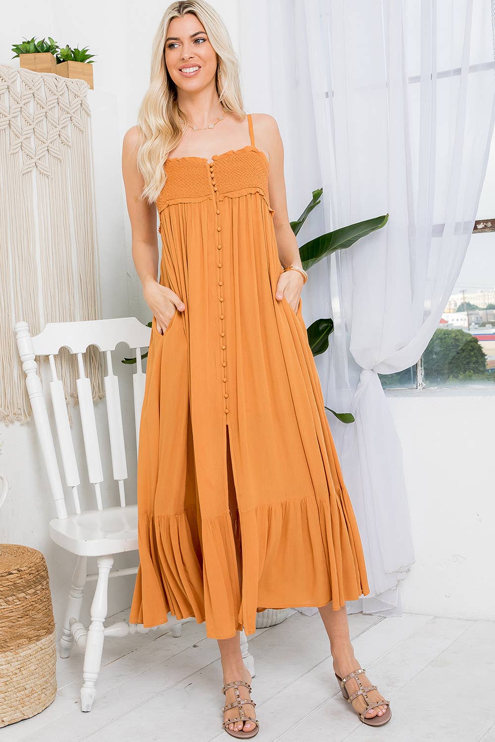 SB317 FLOWY SMOCKED BODICE  MAXI  DRESS