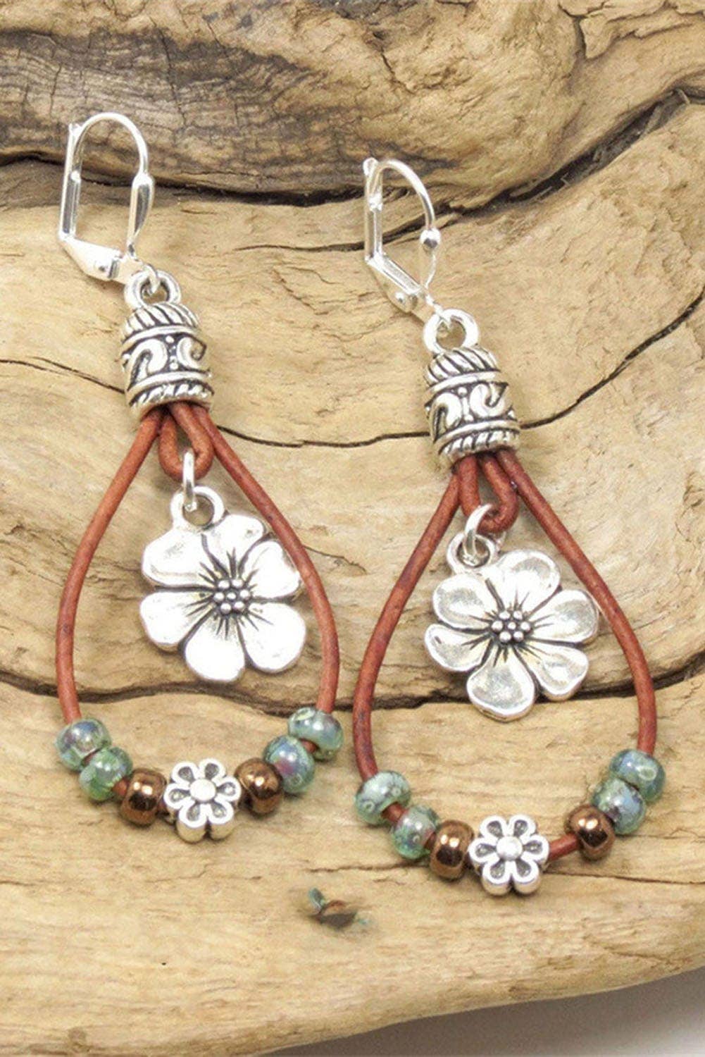 Leather Beaded Floral Dangle Earrings: Silvery / ONE SIZE