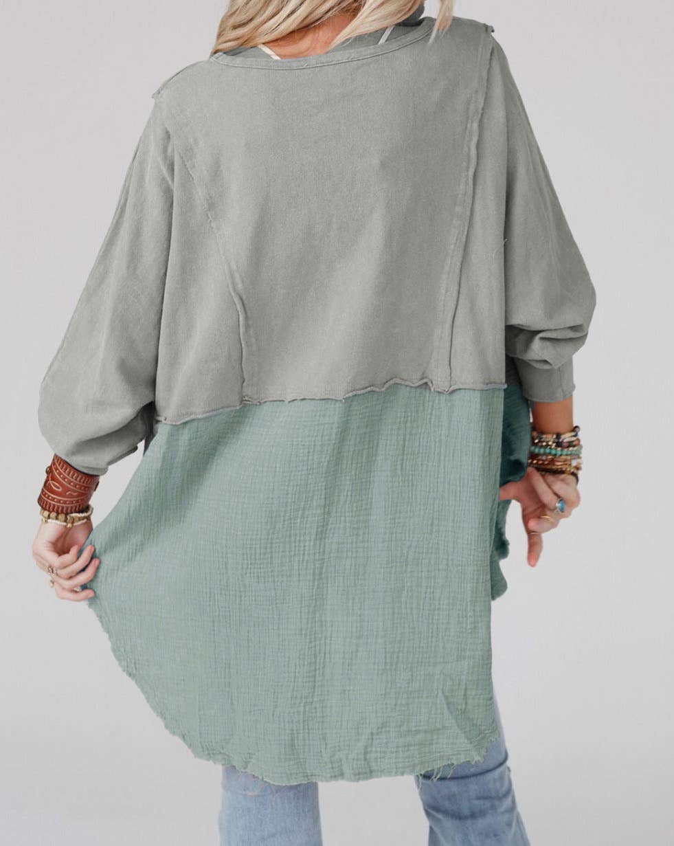 SB152 Crinkle Patchwork Raw Edge Blouse