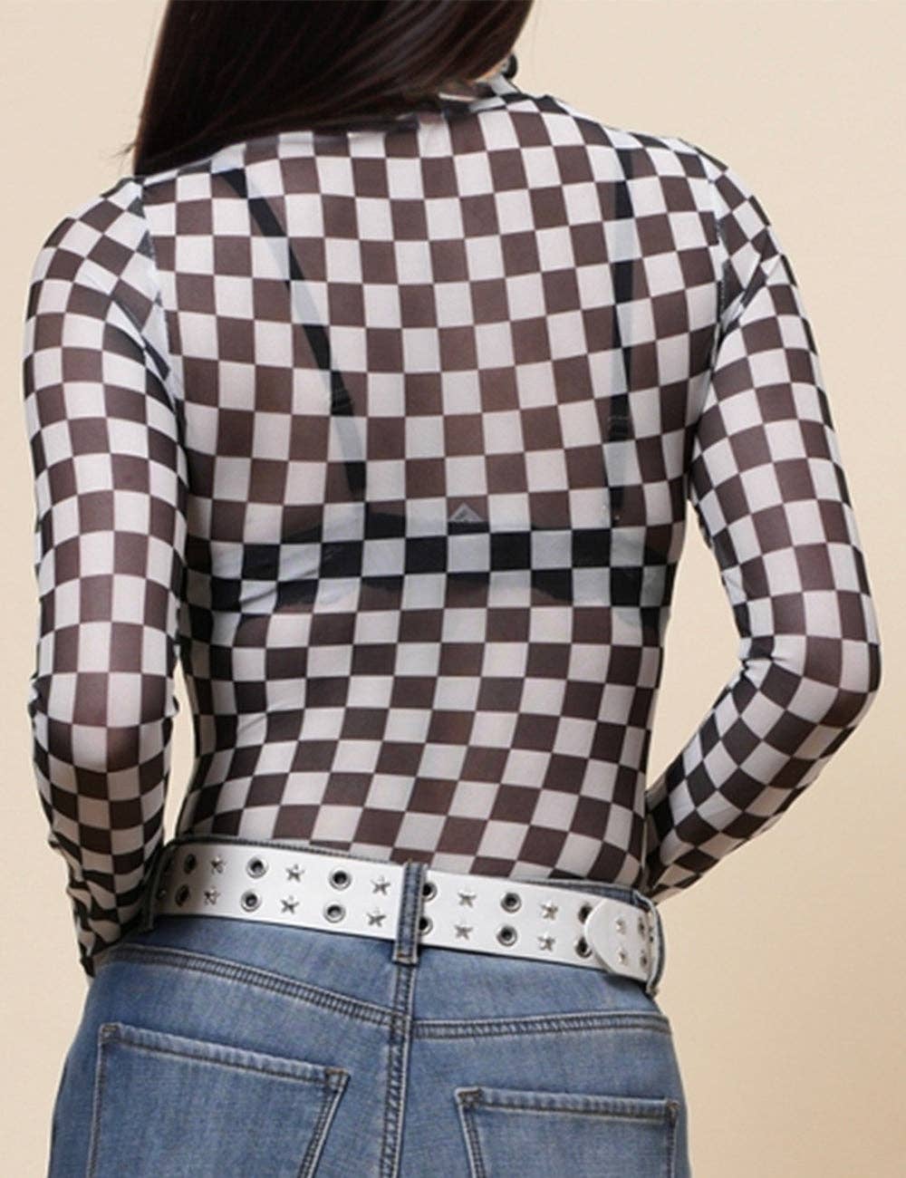 Sheer Grid Print Layering Bodysuit