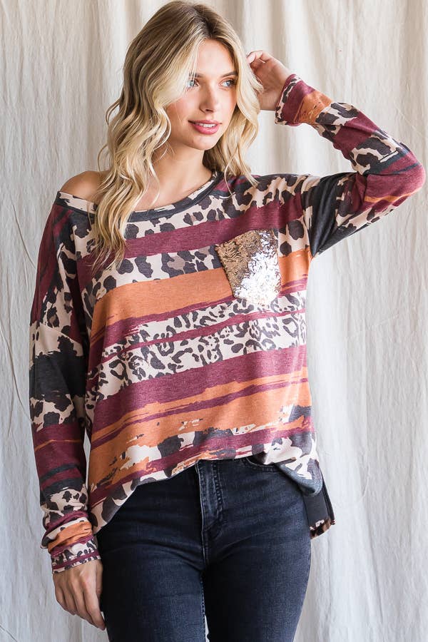 SBB9961 ANIMAL PRINT SEQUIN POCKET TOP