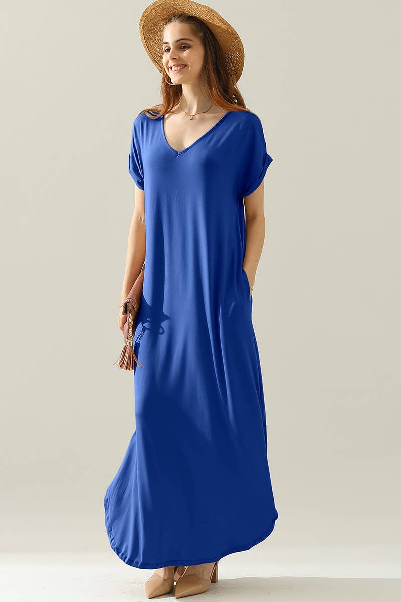 SB174 SHORT SLEEVE V-NECK MAXI DRESS