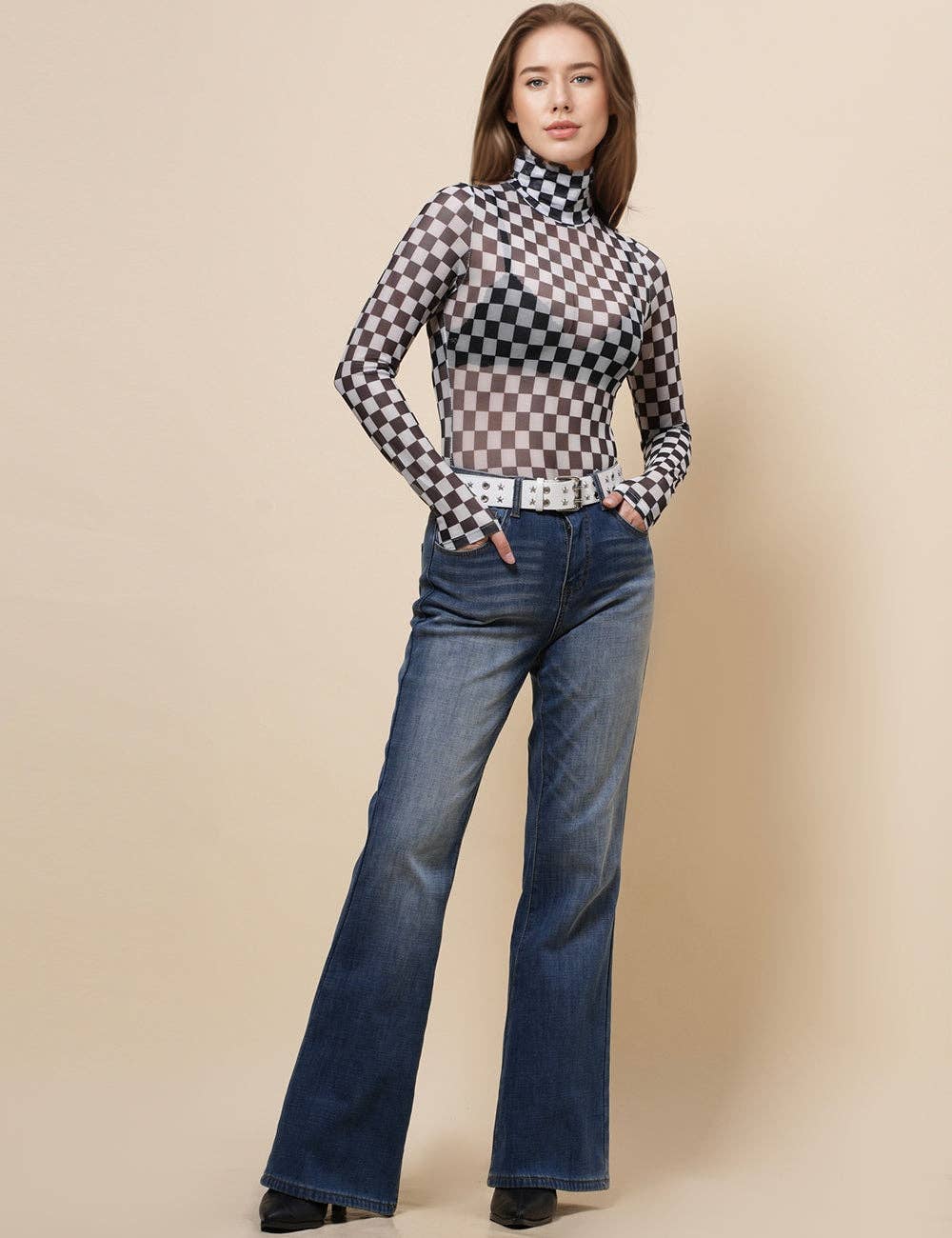 Sheer Grid Print Layering Bodysuit