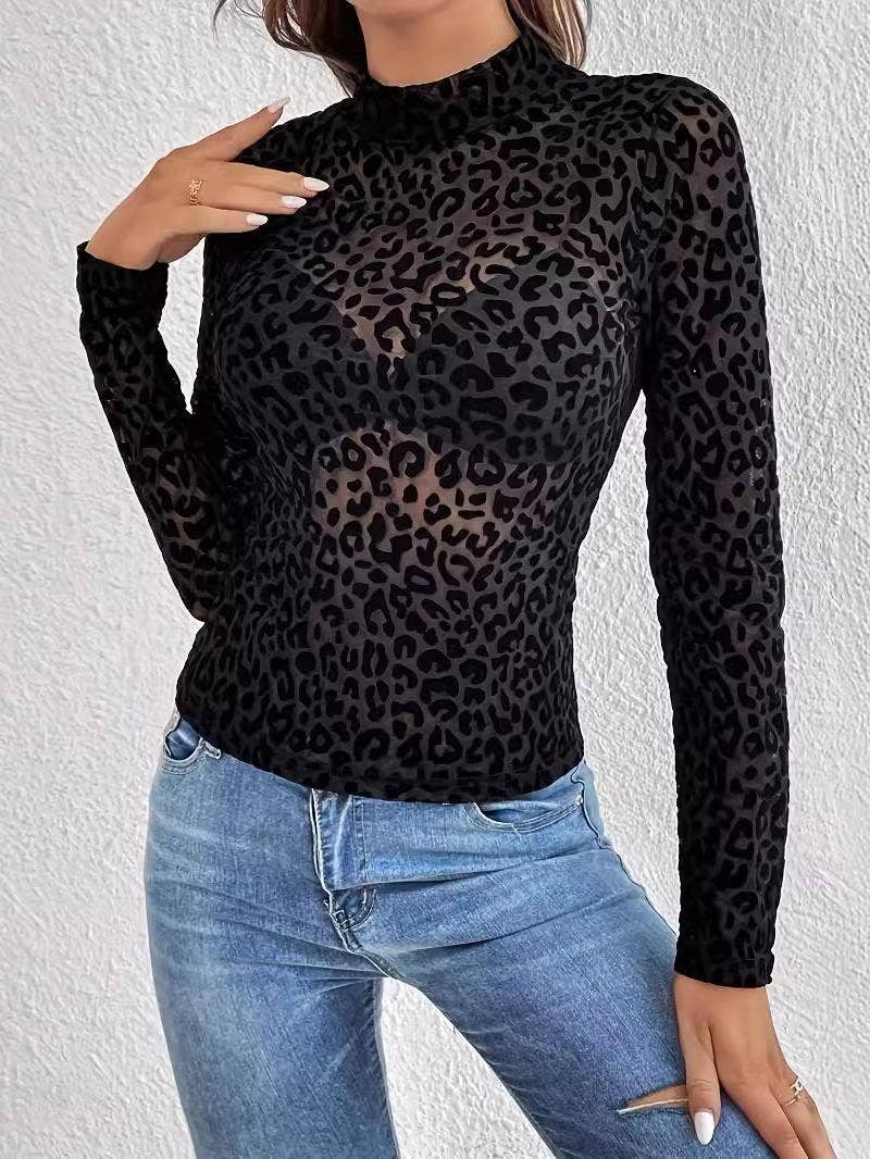 SB343 Leopard Print Sheer Mesh Mock Neck Top