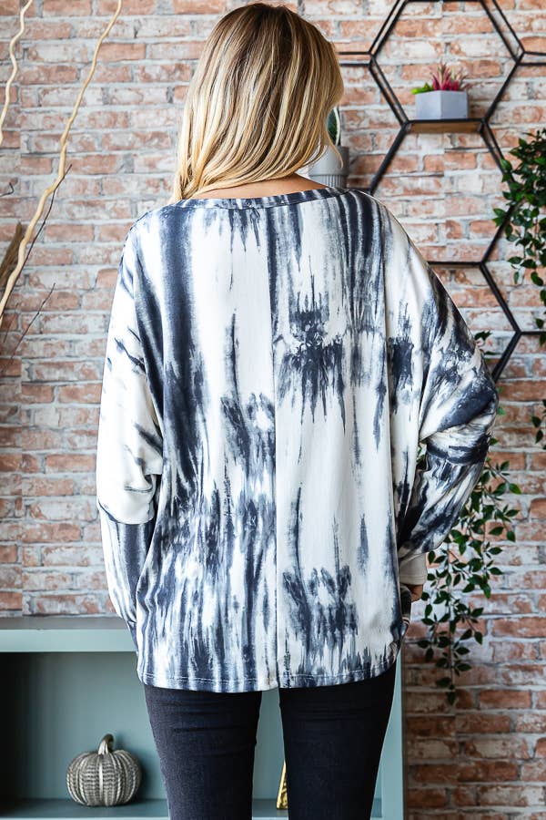 SBB9963 Black & White Tie-Dye Oversized V-Neck Top