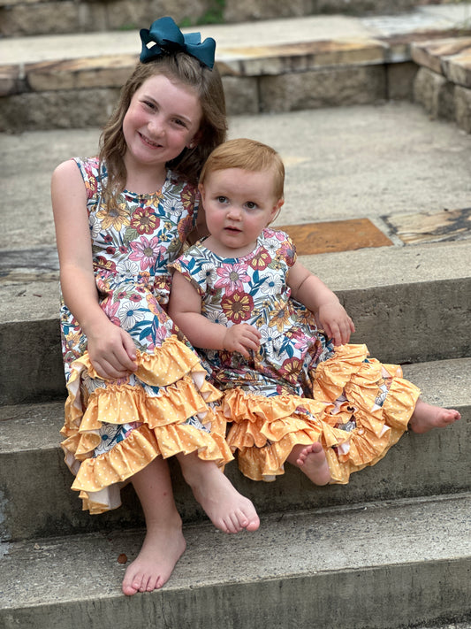 Girls' Vintage Butter Floral Tiered Ruffle Hem Dress