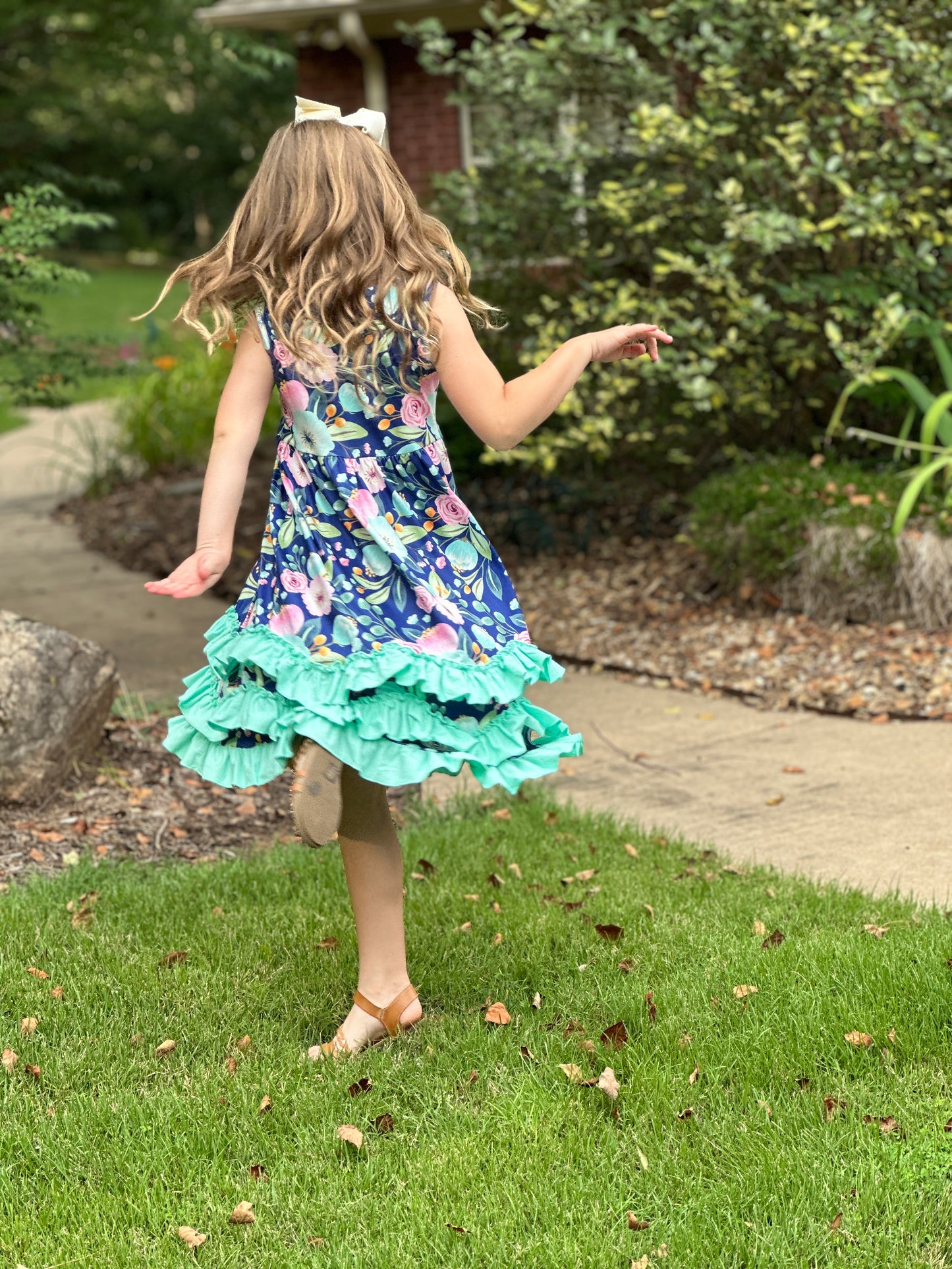 Girls' Blue Floral Ruffle Hem Dress