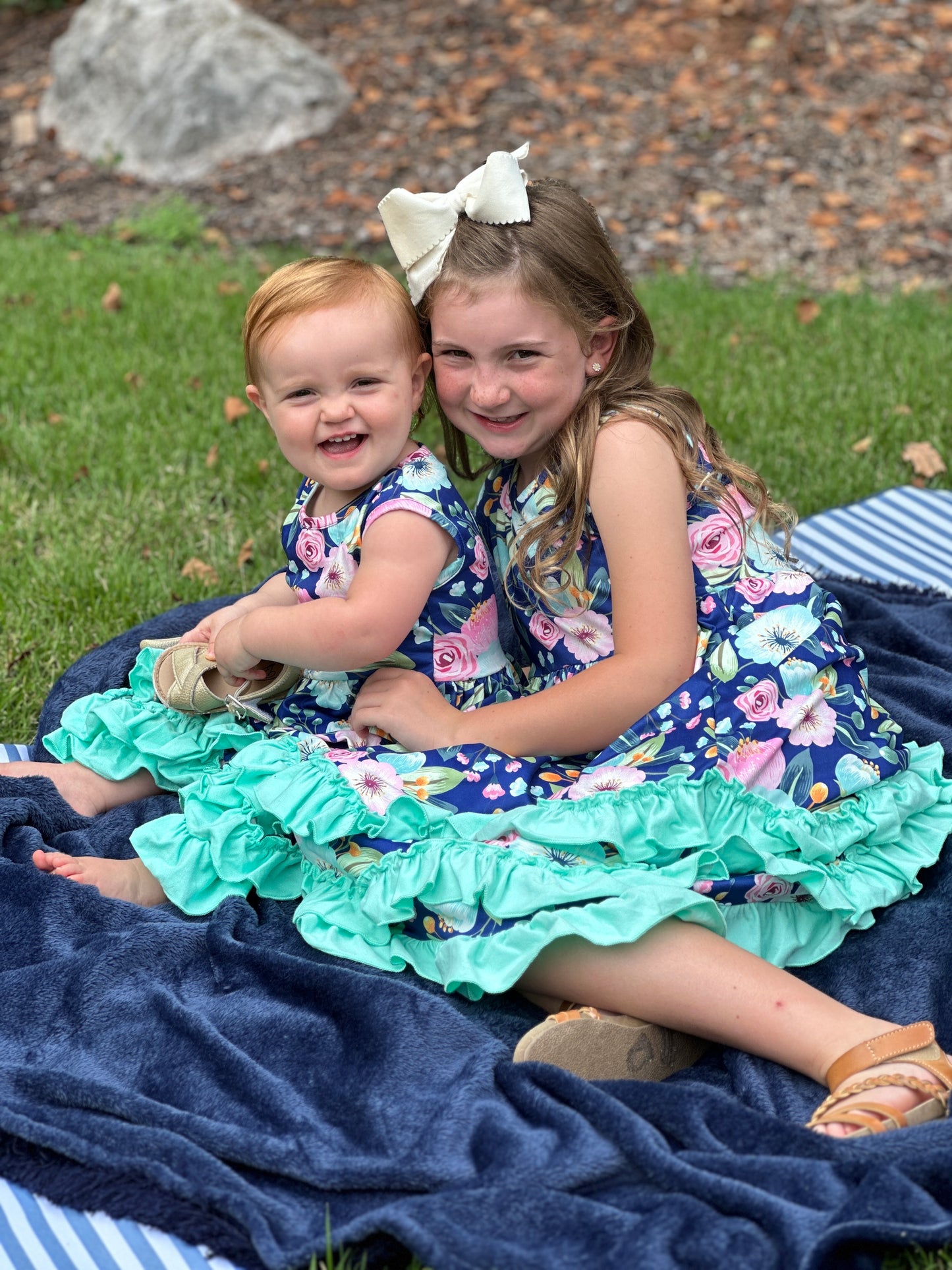 Girls' Blue Floral Ruffle Hem Dress