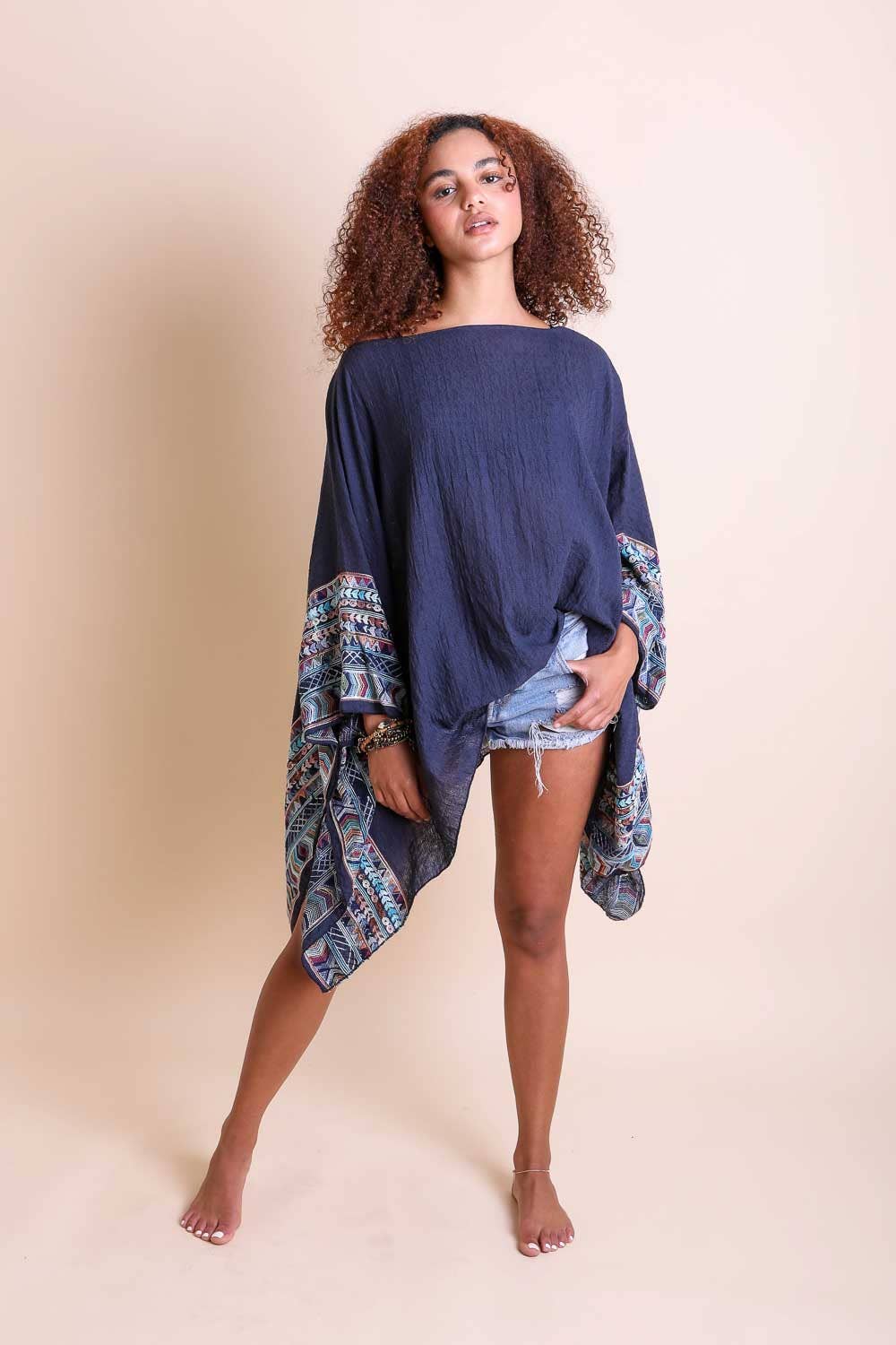 Geometric Embroidered Sleeve Poncho