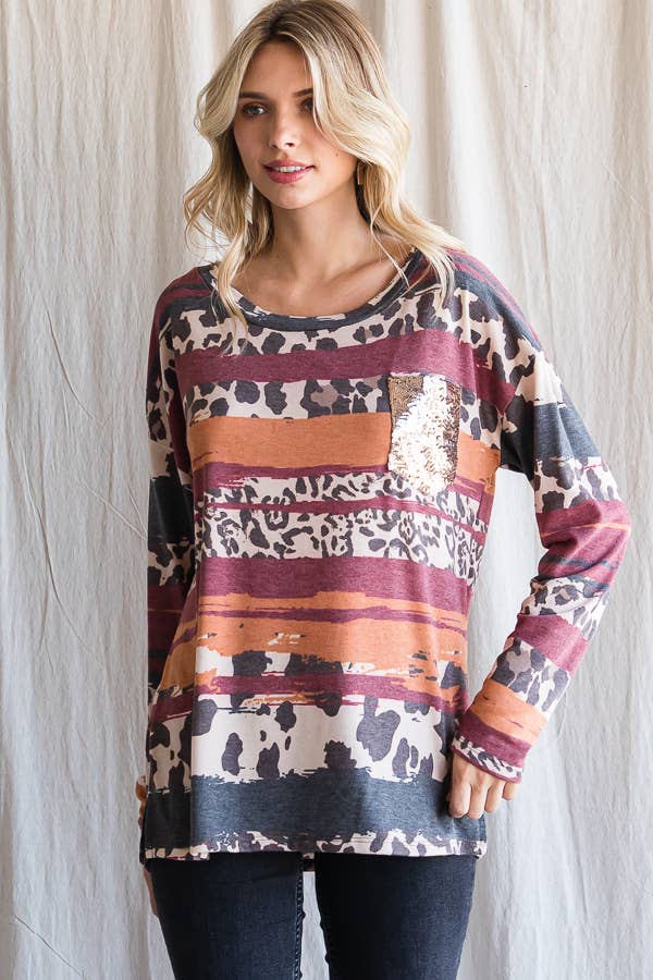 SBB9961 ANIMAL PRINT SEQUIN POCKET TOP