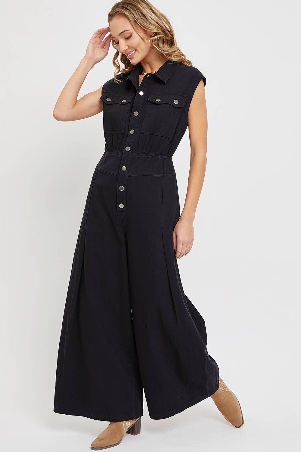 SB318 BLACK DENIM WIDE LEG ROMPER