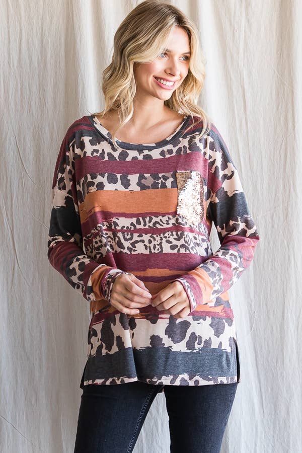 SBB9961 ANIMAL PRINT SEQUIN POCKET TOP