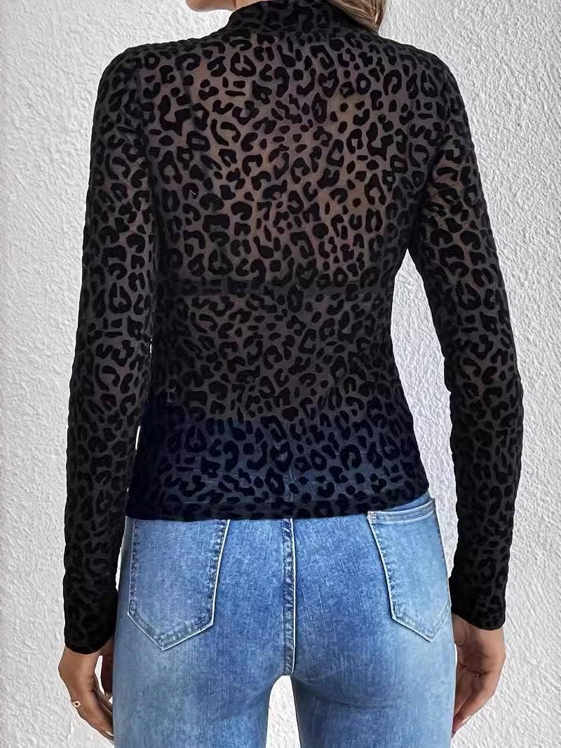 SB343 Leopard Print Sheer Mesh Mock Neck Top