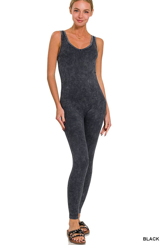 SB37 Washed Ribbed Sports Bodysuit: Black