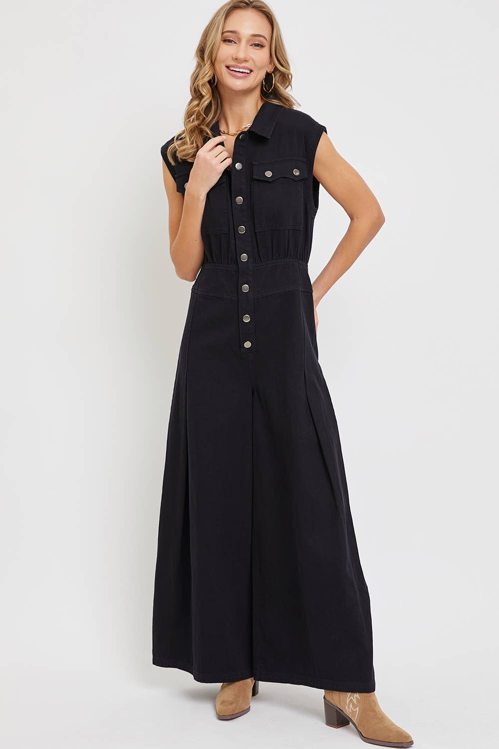 SB318 BLACK DENIM WIDE LEG ROMPER