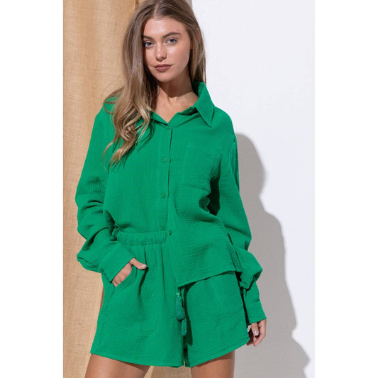 SBB782 TEXTURED WASHED GAUZE BUTTON DOWN BLOUSE