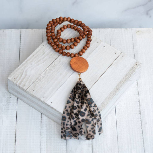 SBJ13 Wooden Bead Cheetah Tassel Necklace