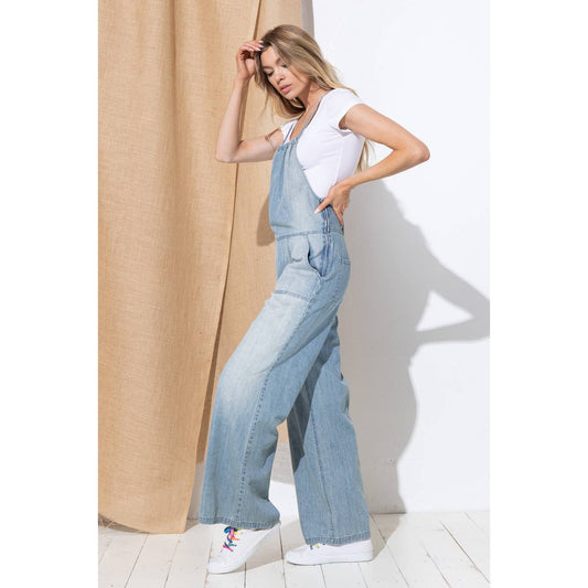 DENIM CROSS BACK WIDE LEG OVERALL JUMPSUIT