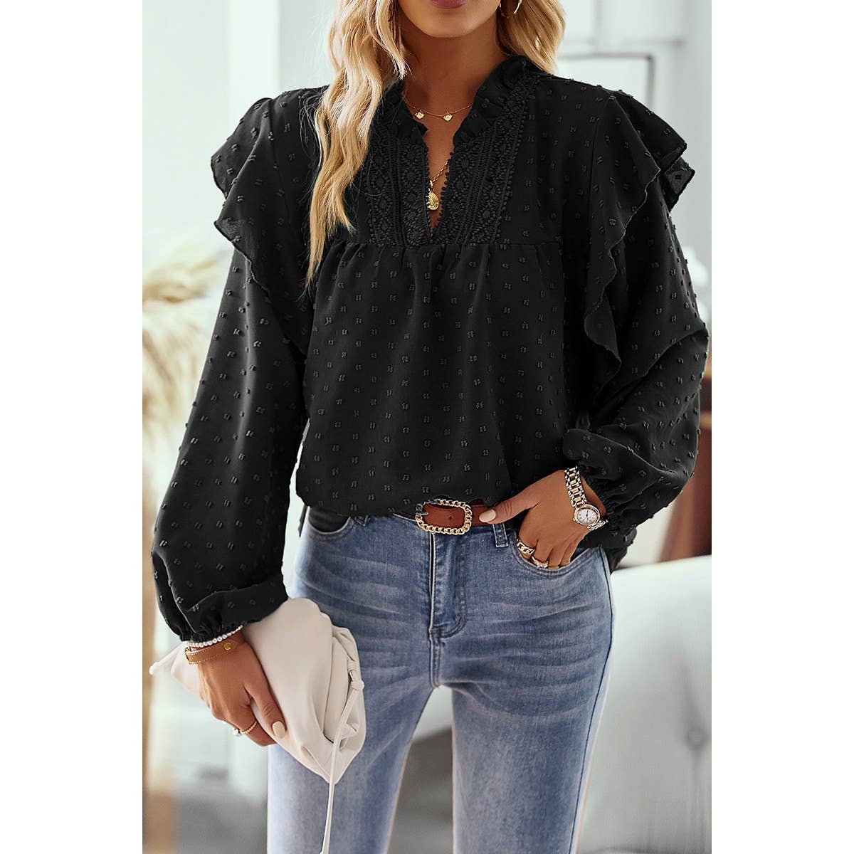 SBB490 Swiss Dot Solid Ruffled Lantern Sleeve Blouse