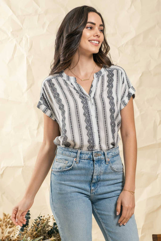 SBB786 GEOMETRIC PATTERN WOVEN TOP