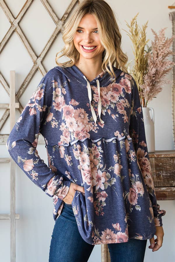SBB9964 Vintage Floral Print Babydoll Hoodie Top