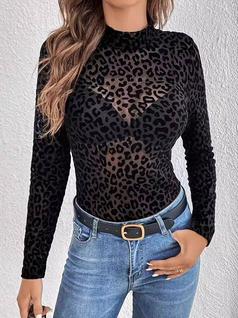 SB343 Leopard Print Sheer Mesh Mock Neck Top