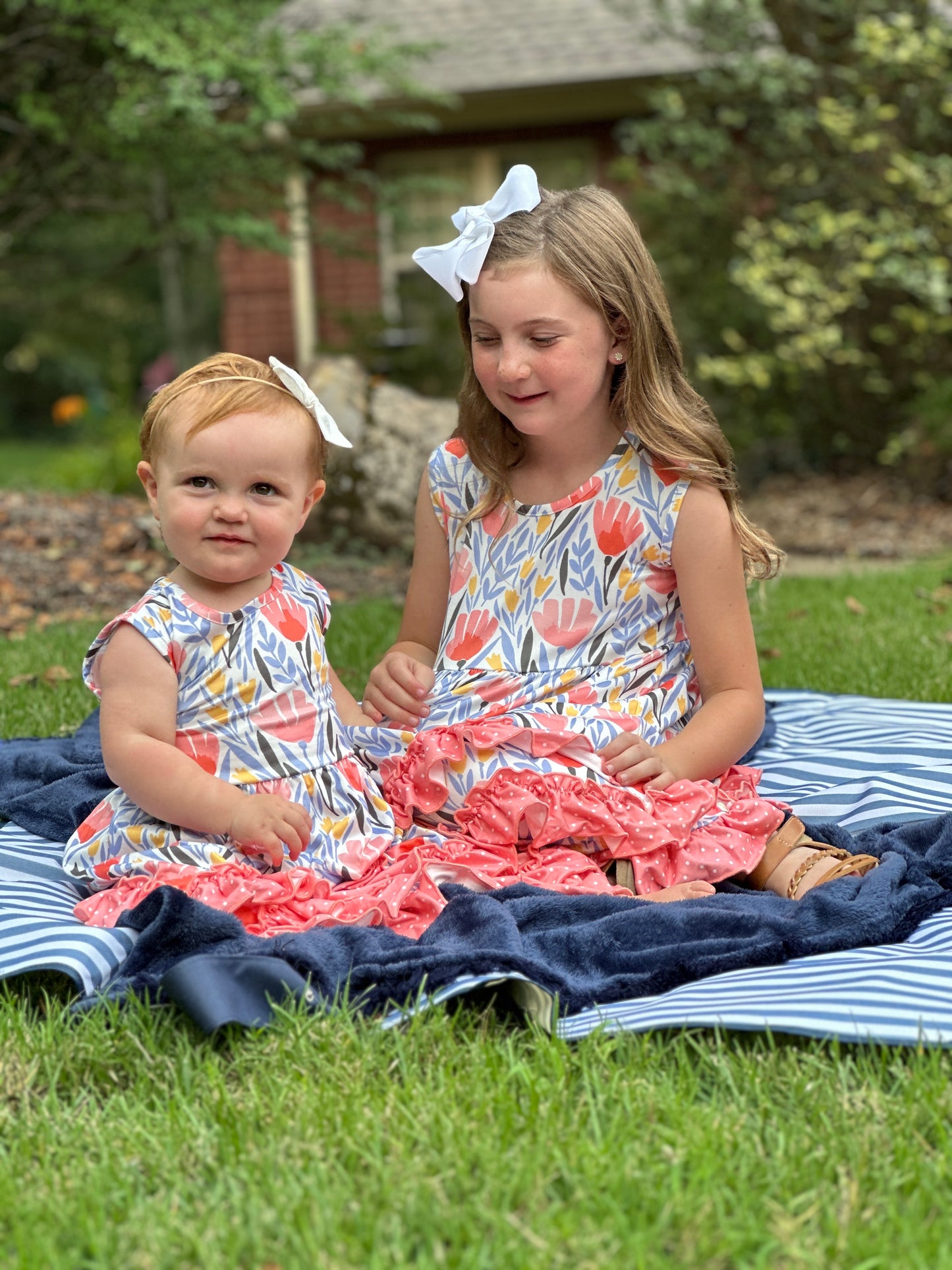Girls' Peach Dot Floral Ruffle Dress