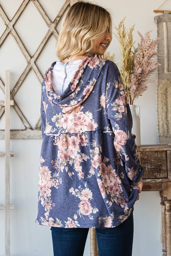 SBB9964 Vintage Floral Print Babydoll Hoodie Top