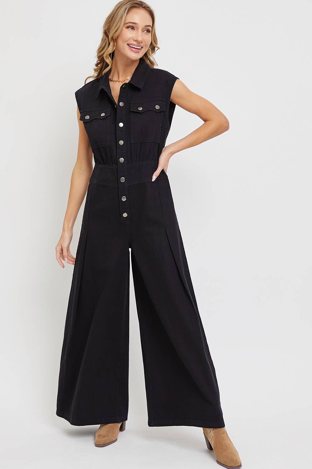 SB318 BLACK DENIM WIDE LEG ROMPER