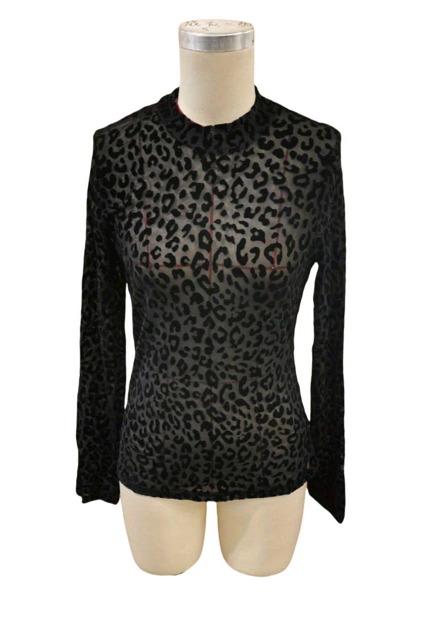 SB343 Leopard Print Sheer Mesh Mock Neck Top