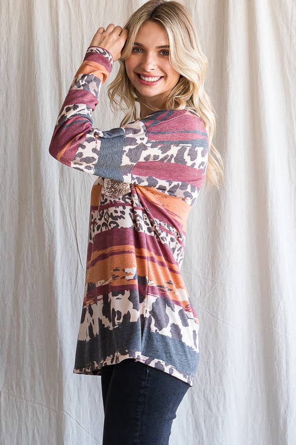 SBB9961 ANIMAL PRINT SEQUIN POCKET TOP