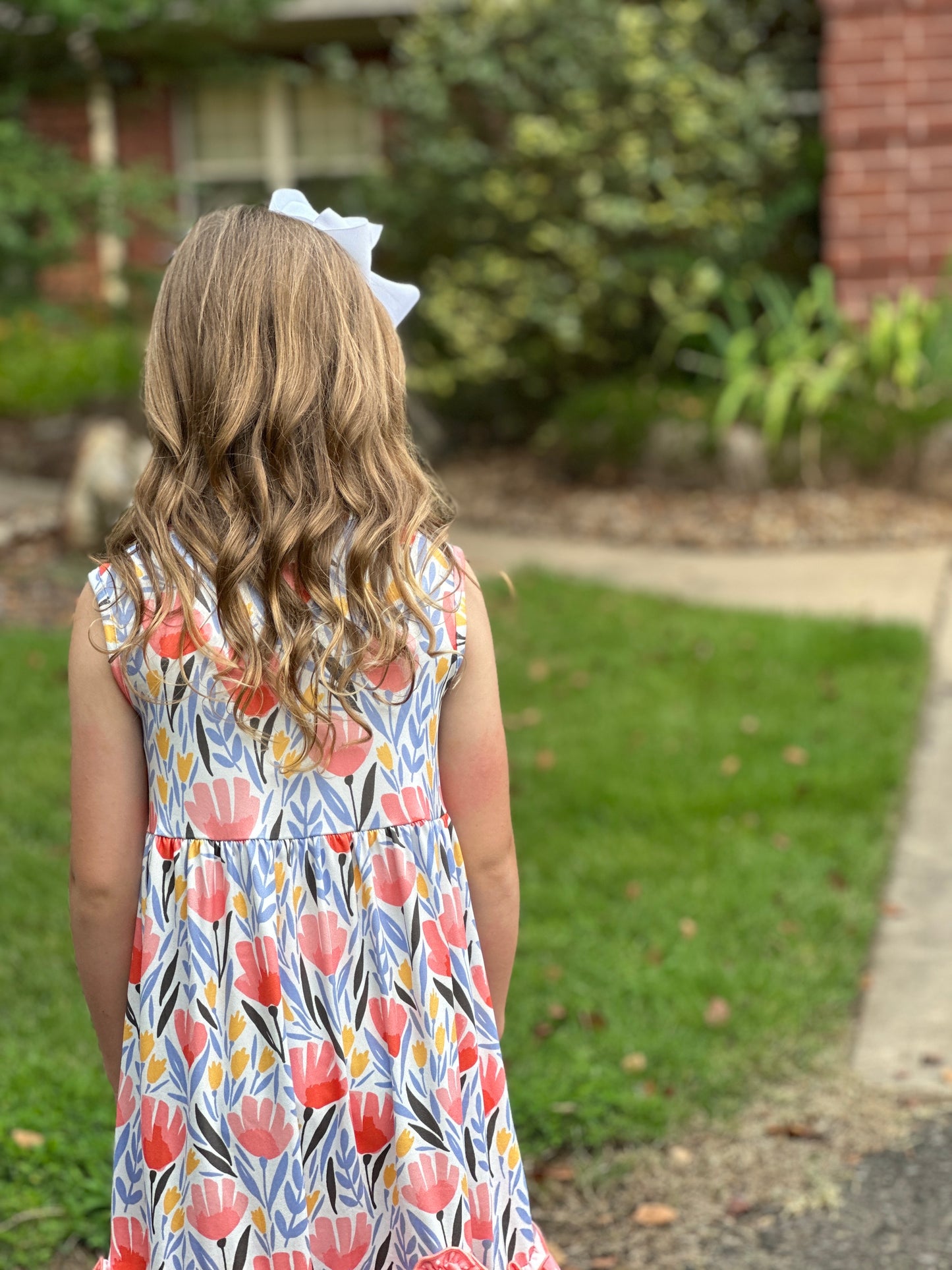 Girls' Peach Dot Floral Ruffle Dress