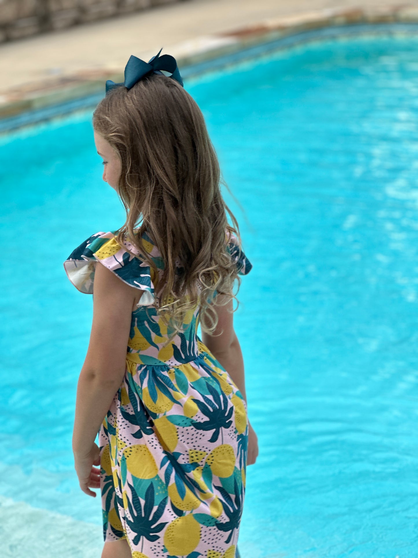 Girls' Tropical Lemon Flutter Sleeve Dress