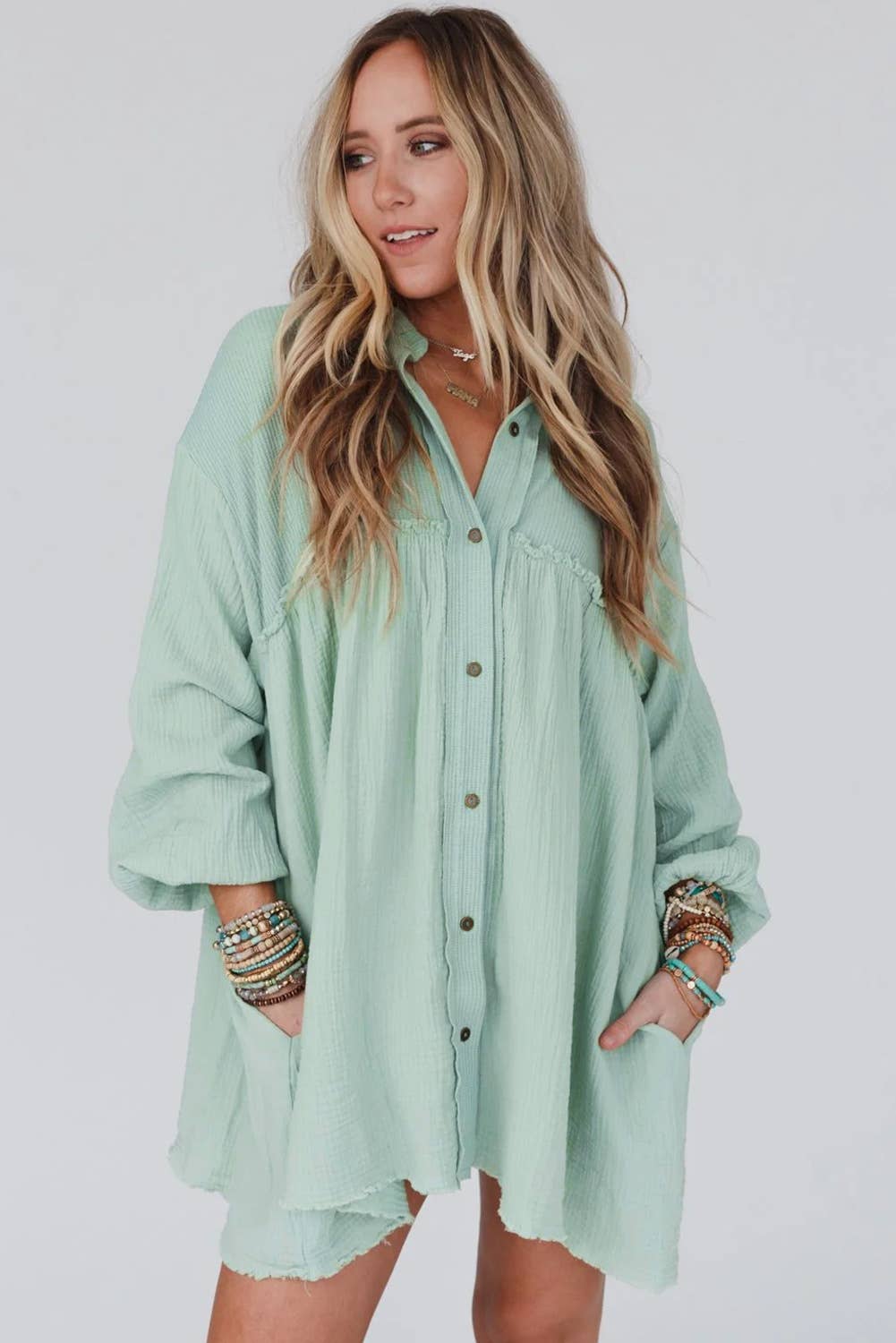 SB143 Waffle Crinkle Shirt Dress