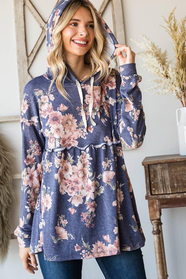 SBB9964 Vintage Floral Print Babydoll Hoodie Top
