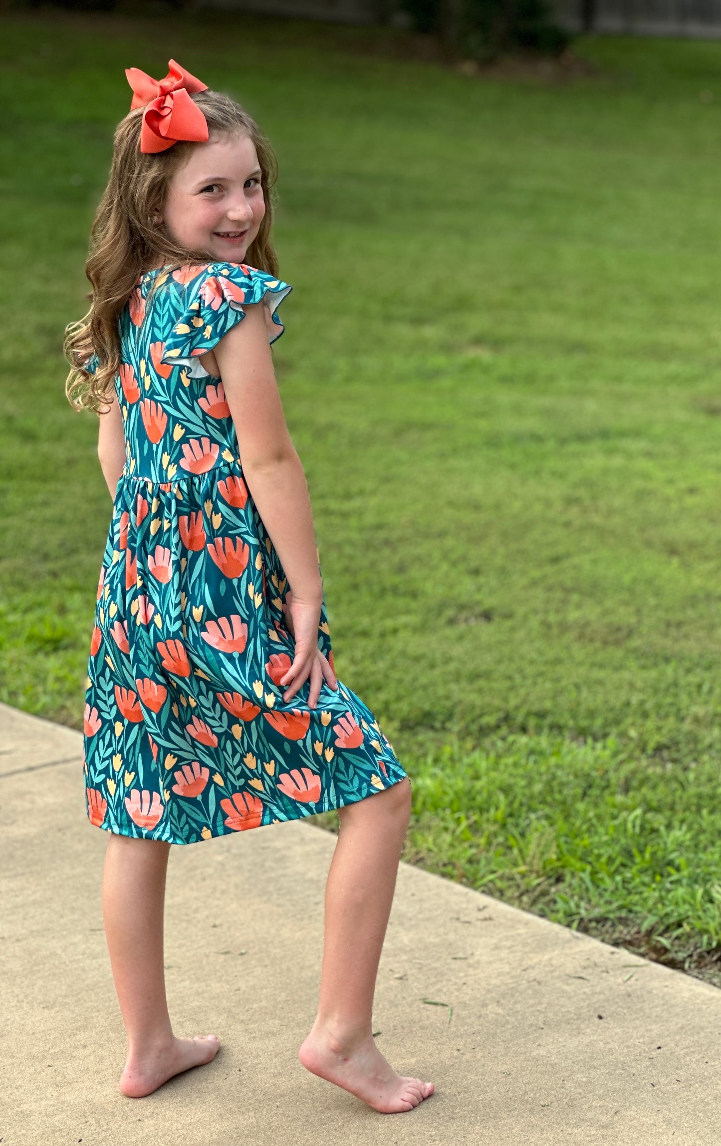 Girls' Teal Floral Flutter Sleeve Spring Dress