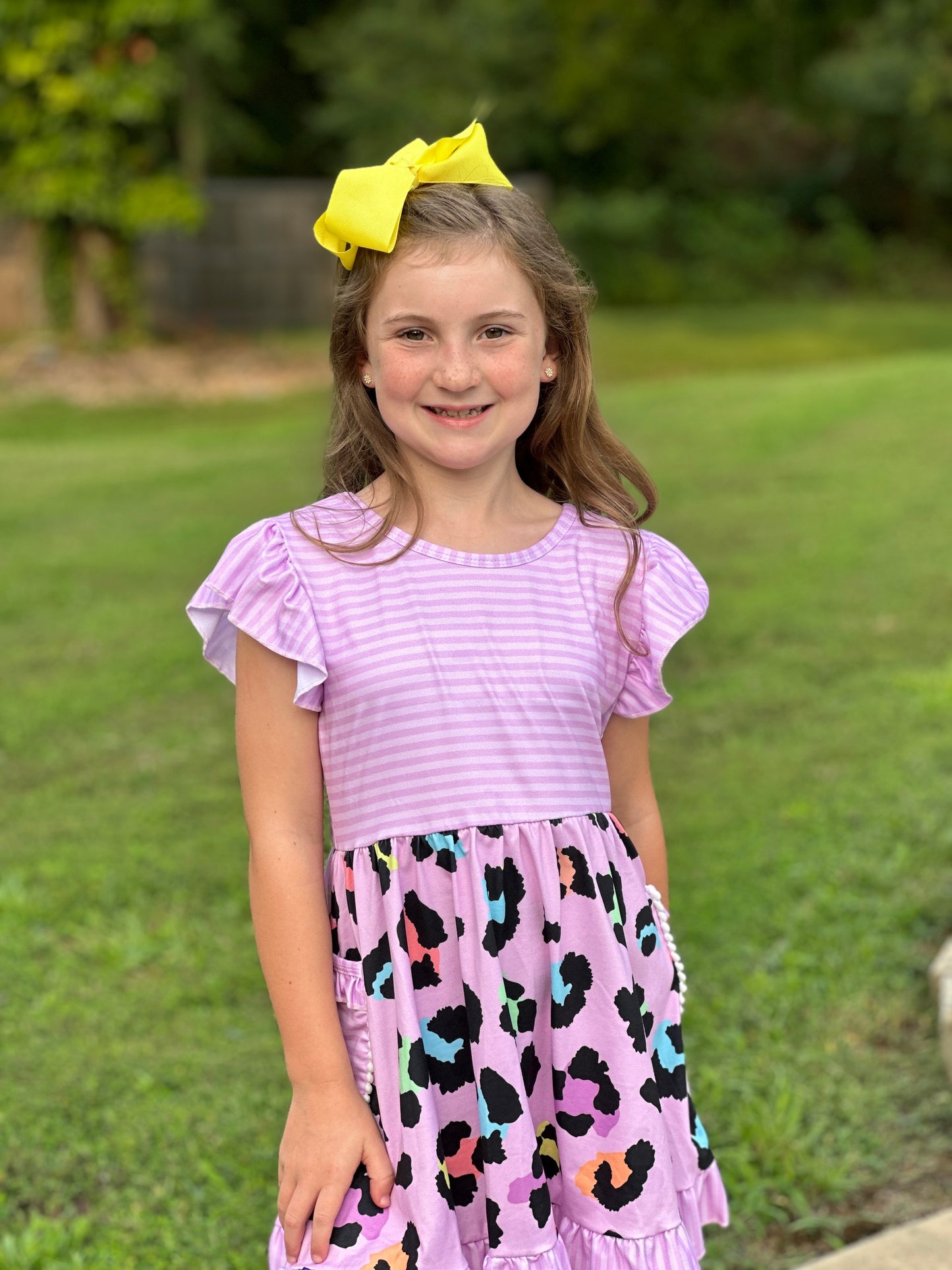 Girls' Stripes & Animal Print Ruffle Pocket Dress