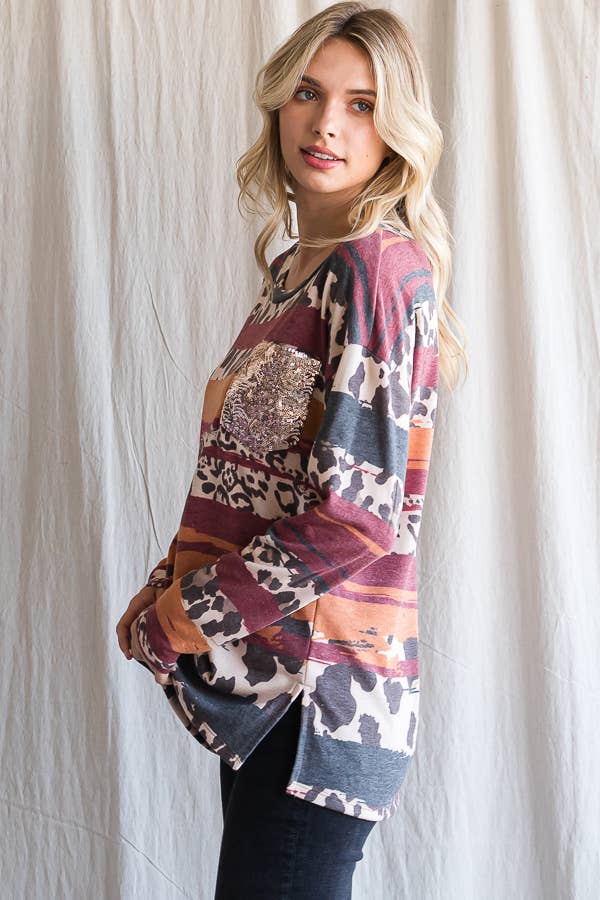 SBB9961 ANIMAL PRINT SEQUIN POCKET TOP