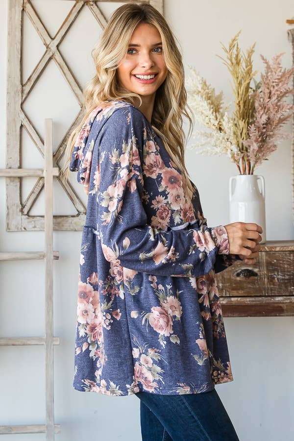SBB9964 Vintage Floral Print Babydoll Hoodie Top