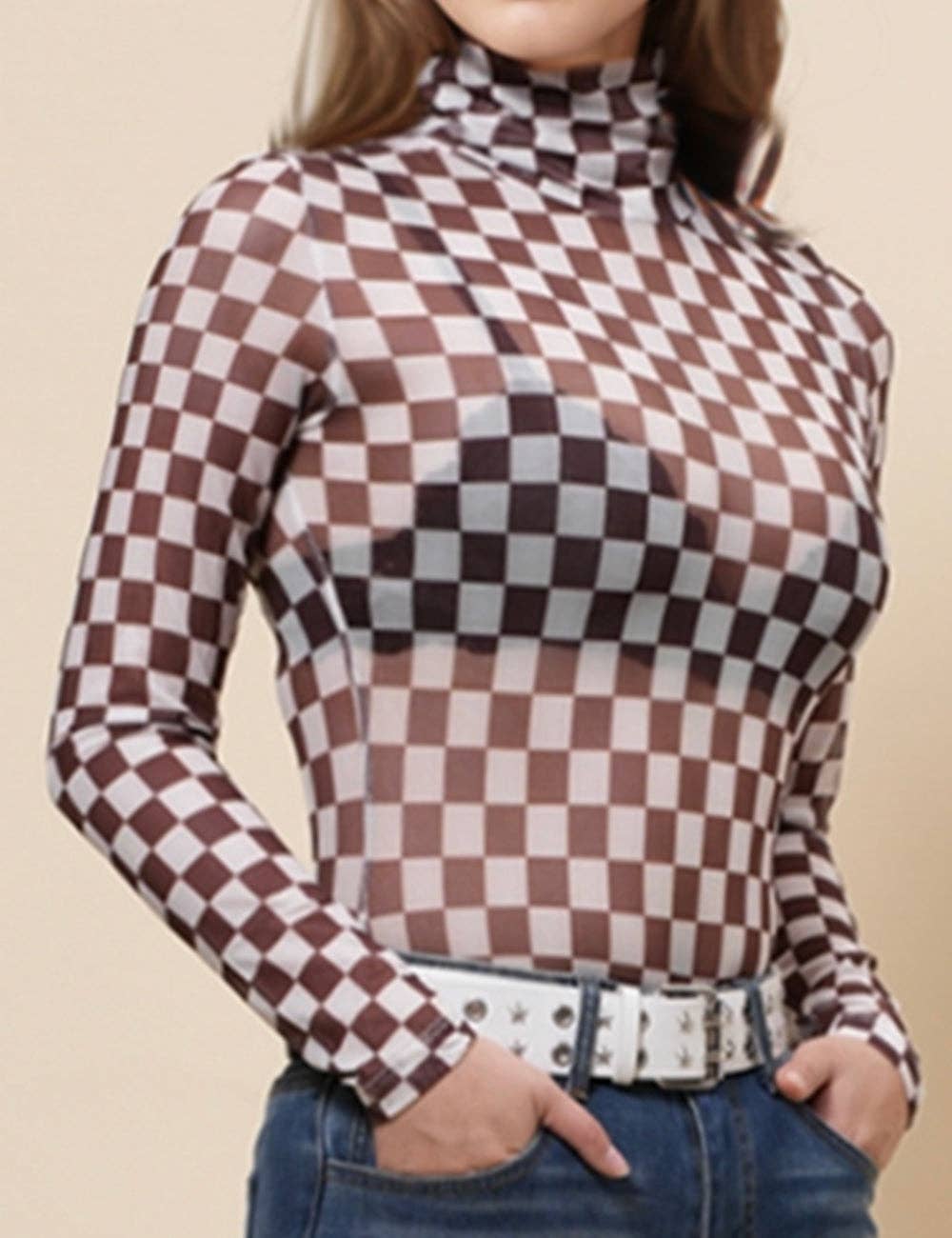 Sheer Grid Print Layering Bodysuit