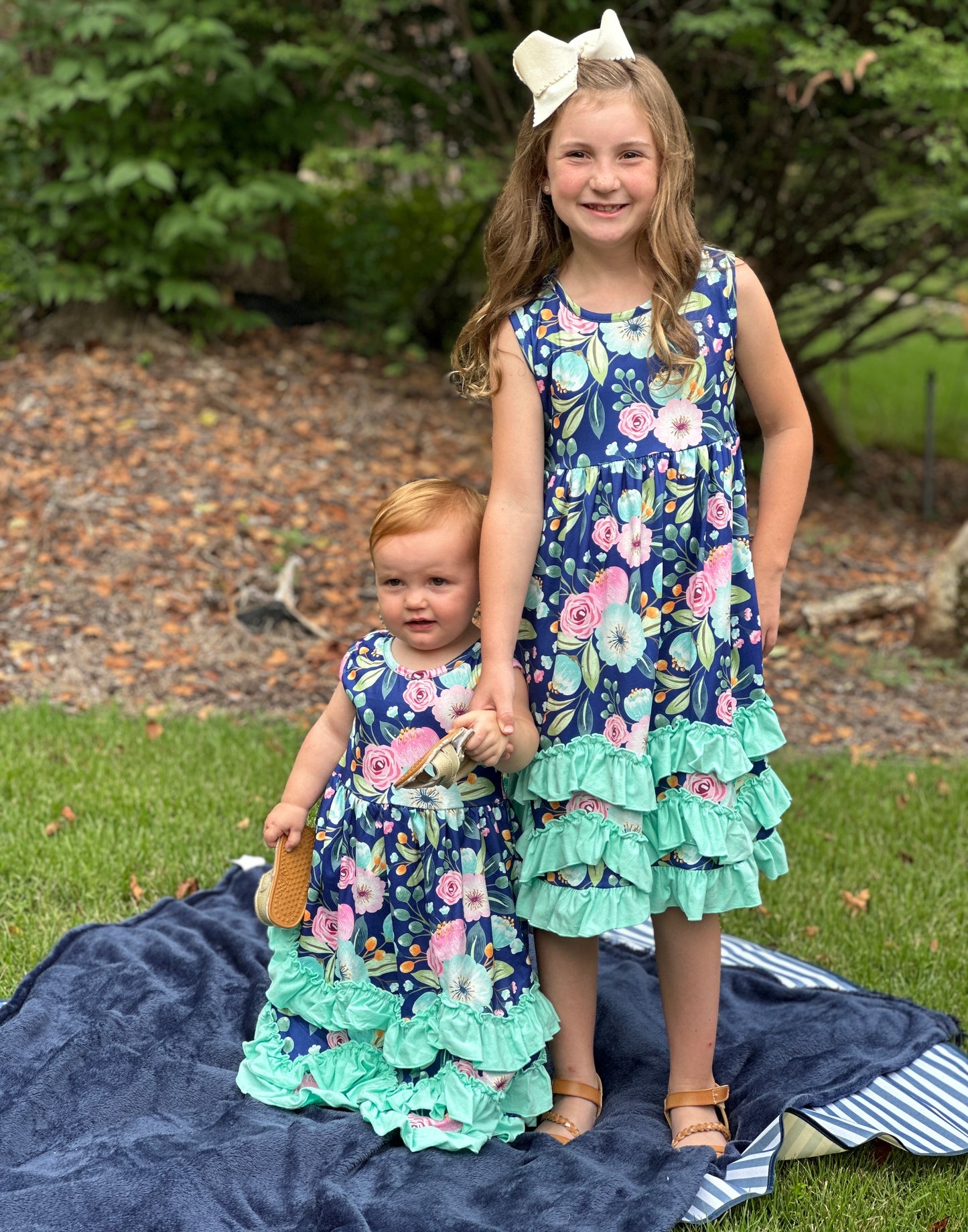Girls' Blue Floral Ruffle Hem Dress